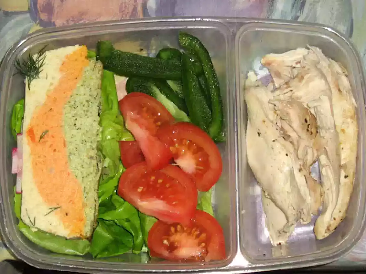 Boîte-repas du mardi - Restes de poulet, flan aux légumes et crudités