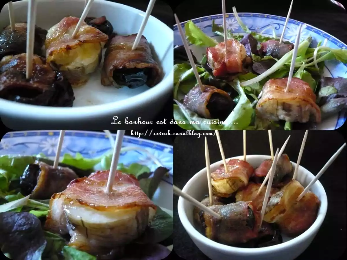 Bouchées apéritives : pruneaux et bananes roulés au lard fumé