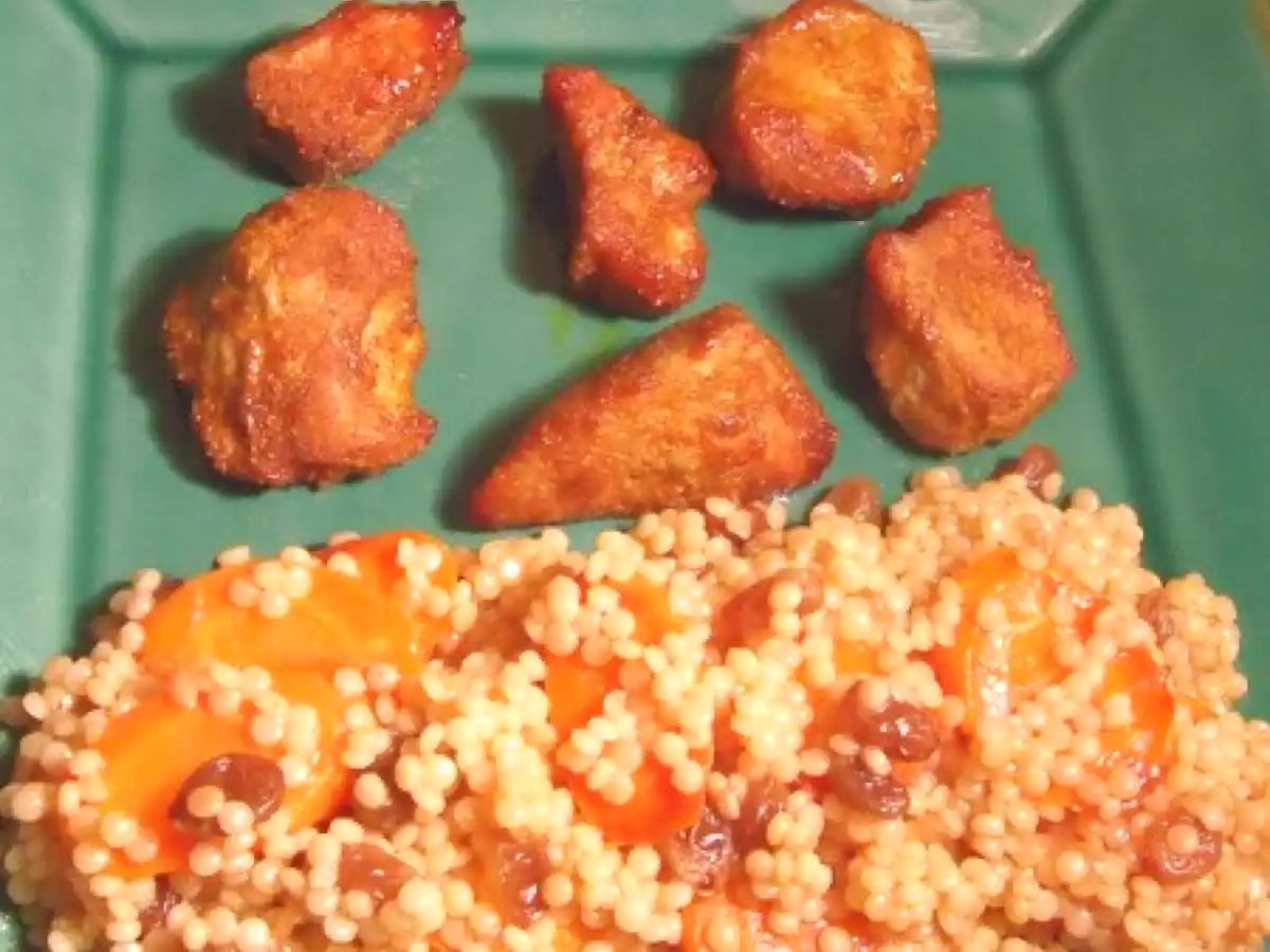 Bouchées Ras El Hanout & vrai-faux couscous aux carottes confites et sultanines
