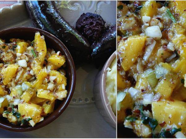 Boudin noir et salsa de mangue aux amandes