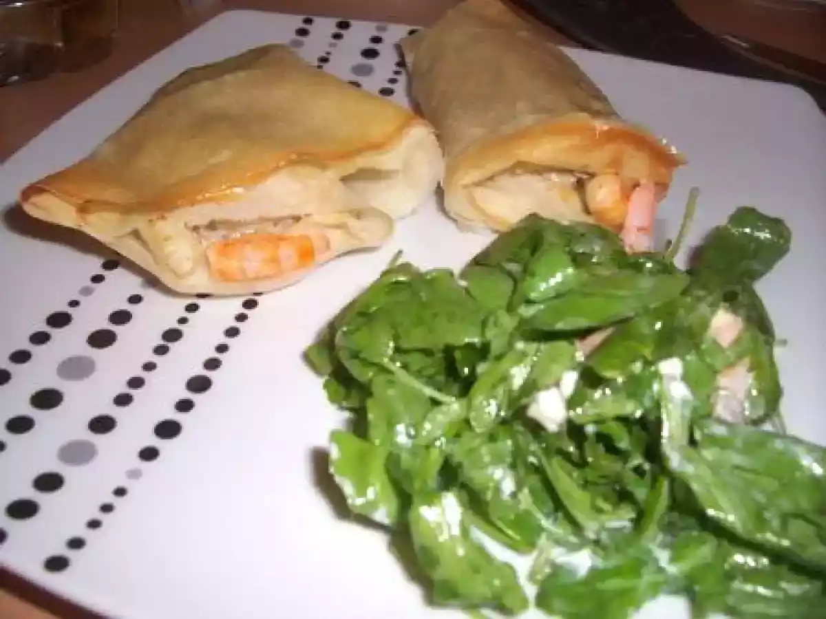 Brick de poisson aux poireaux, chèvre, crevettes, champignons