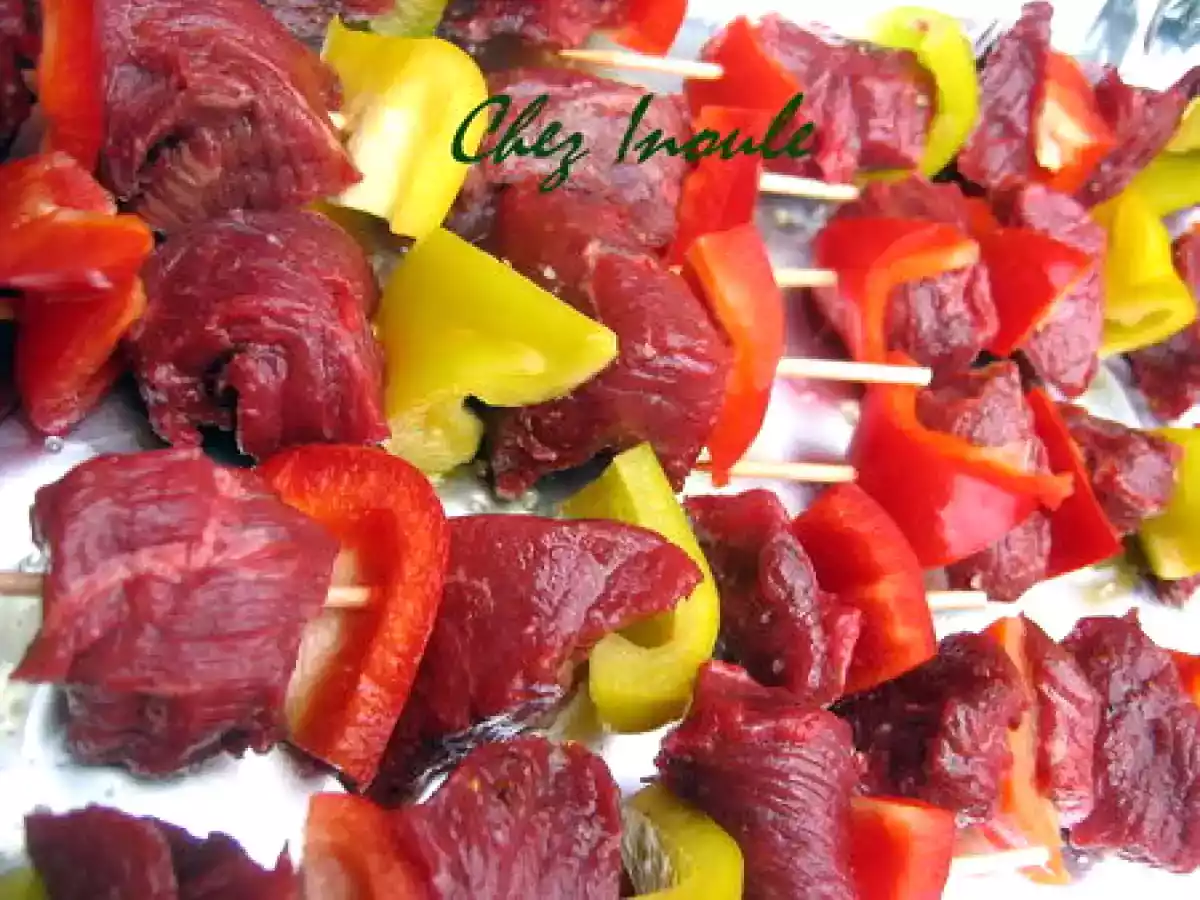 Brochettes de boeuf et de légumes, sauce tzatziki