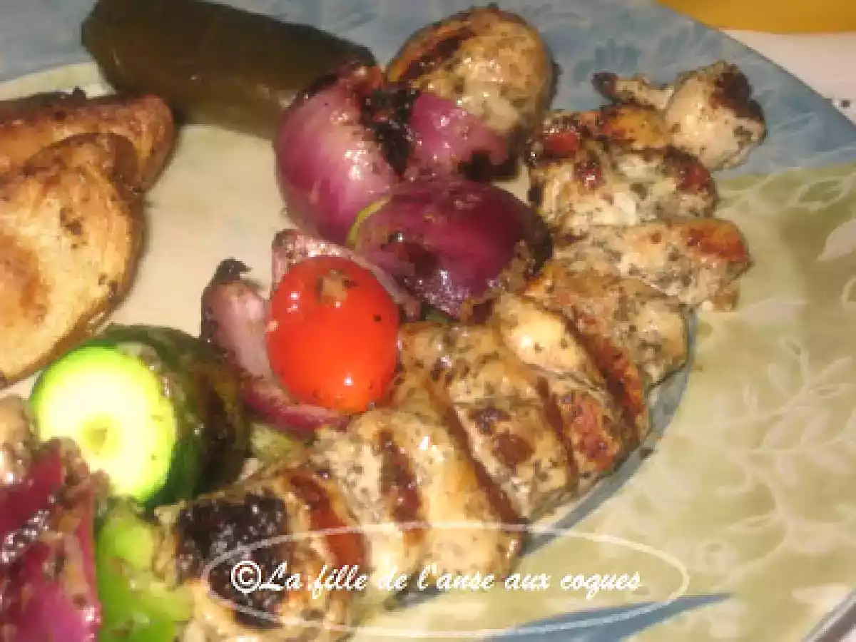 BROCHETTES DE POULET, MARINADE À LA GRECQUE