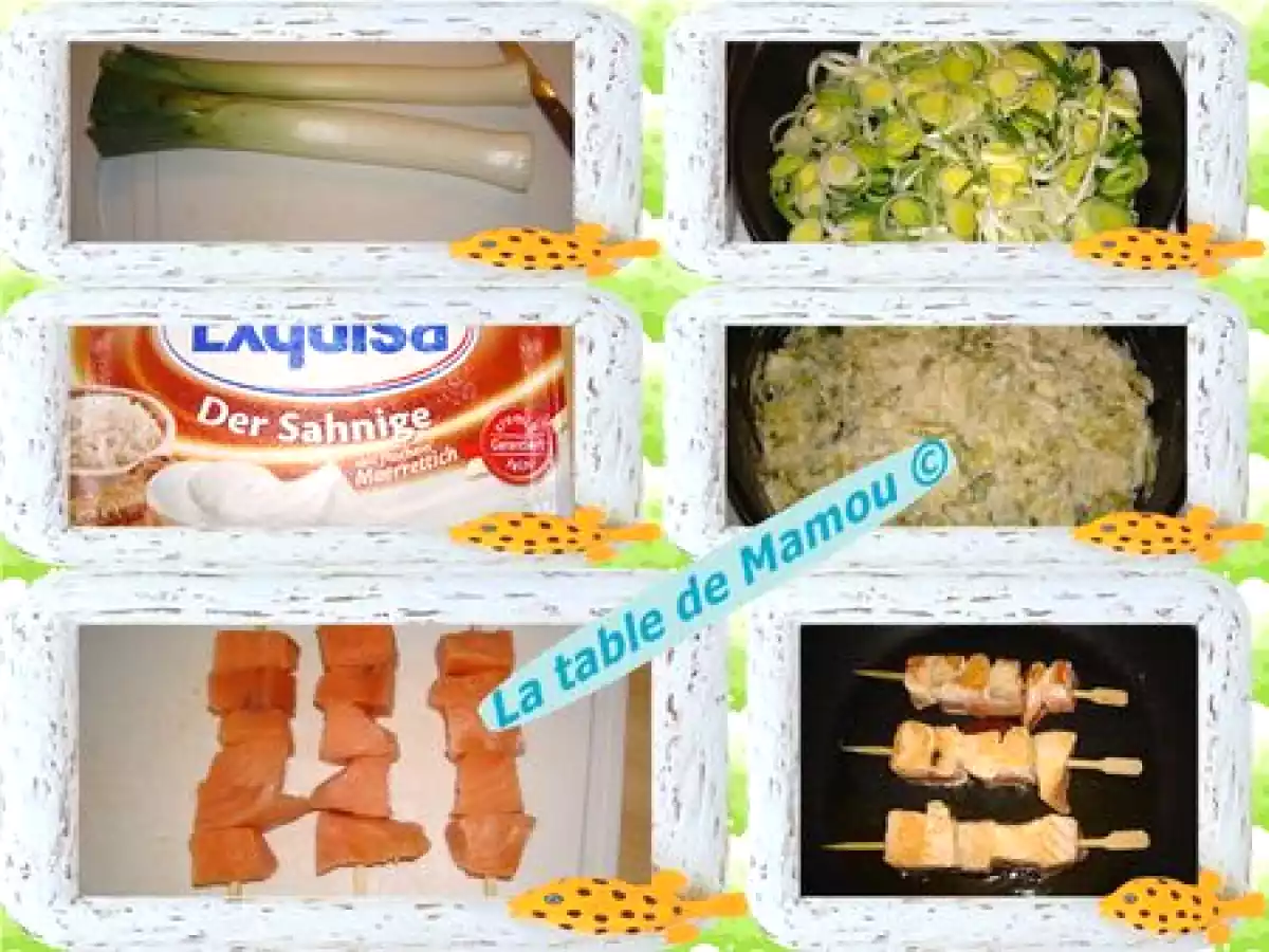 Brochettes de saumon sur lit de fondue de poireaux au raifort