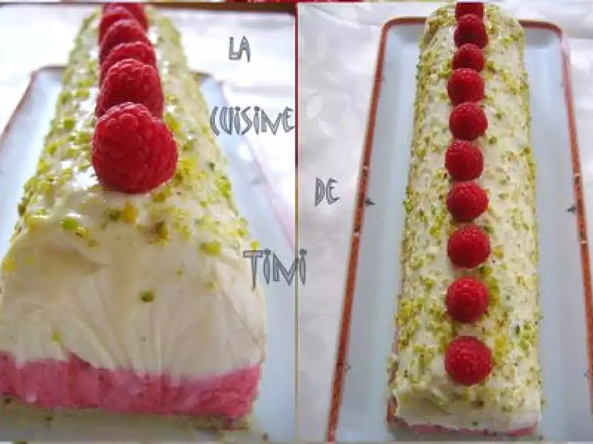 Bûche de Noël: dacquoise pistache/mousse chocolat blanc et mousse framboises - photo 2