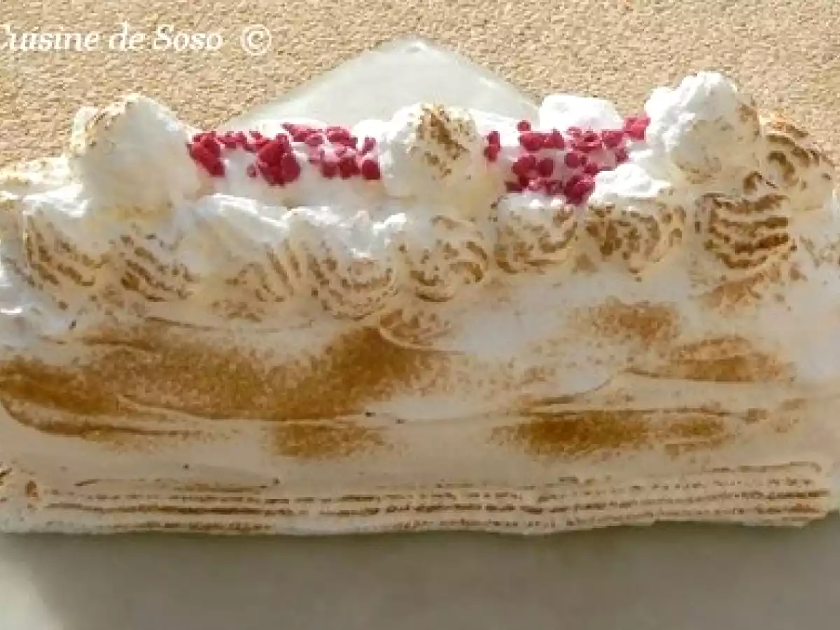 Bûche glacée meringuée, au citron et à la framboise.