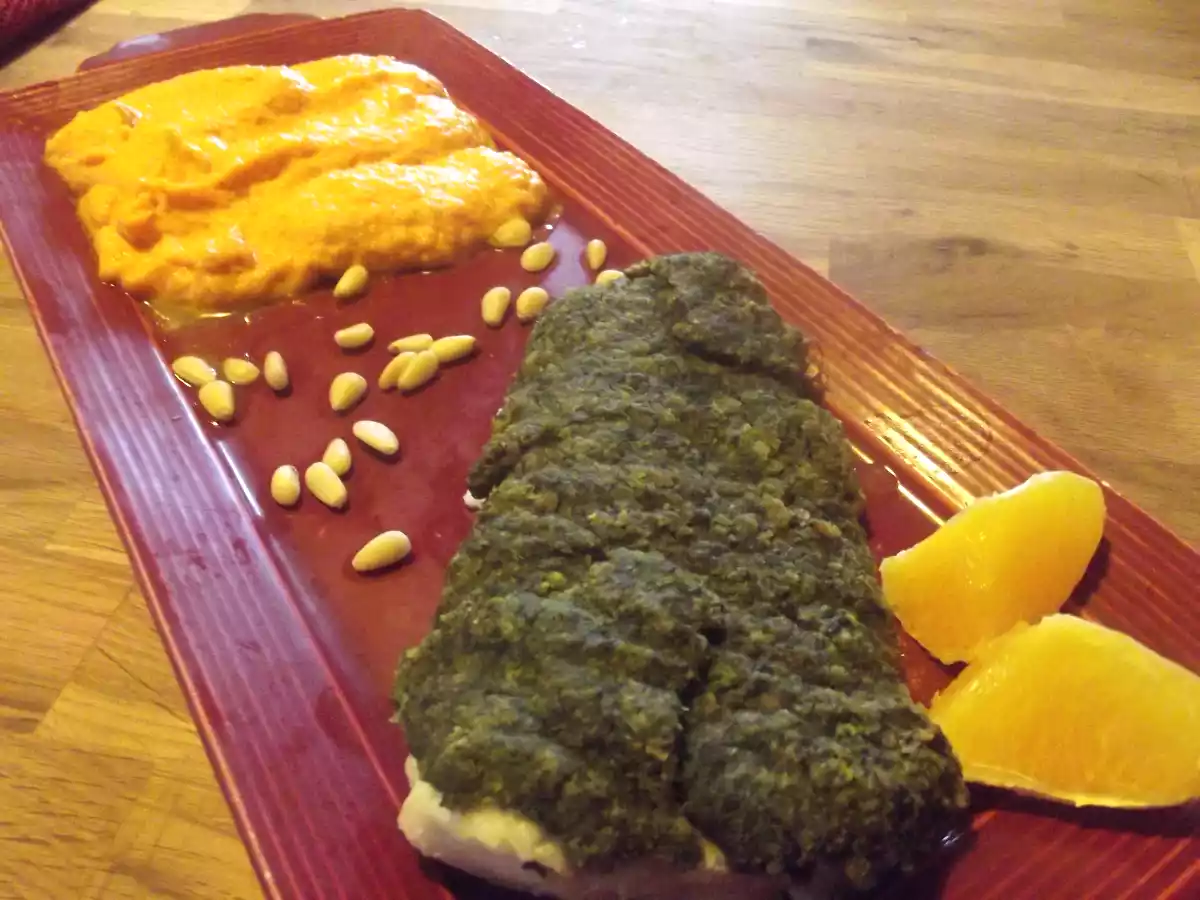 Cabillaud en croûte d'herbes et d'agrumes, mousseline de carottes à l'orange - photo 2