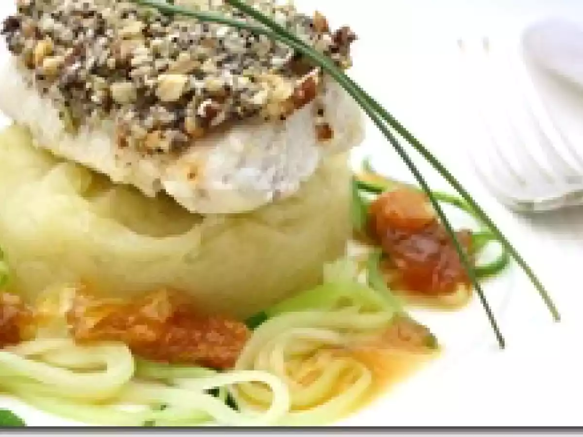 Cabillaud en Croûte de Pavot, Chutney d'Orange et Julienne de Courgette