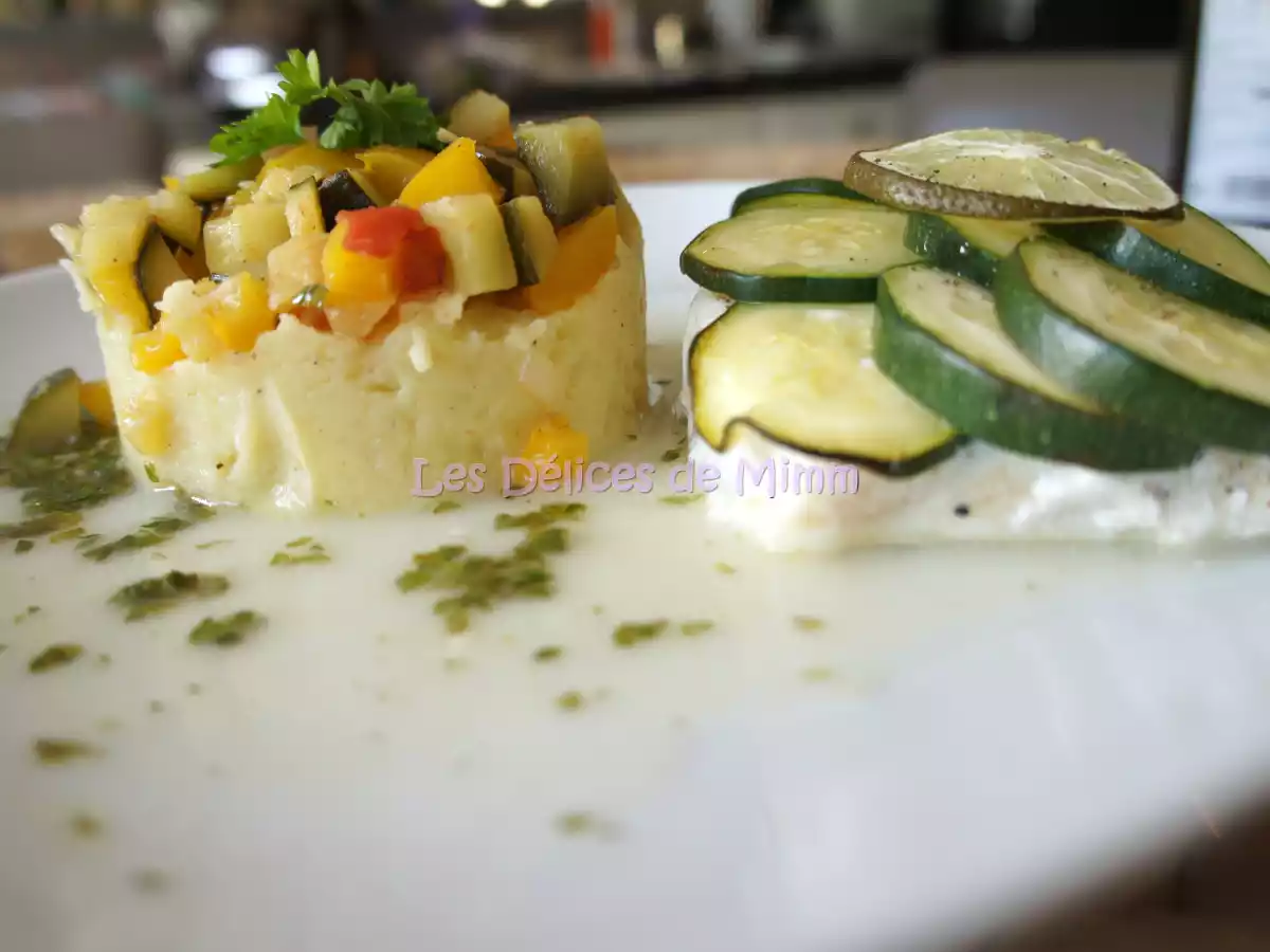 Cabillaud en Ecailles de Courgette et Galette de Légumes au Cumi