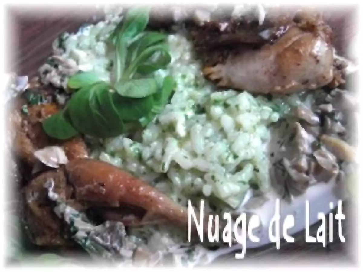 Cailles Rôties, Risotto au Pesto de Mâche et Crème aux Champignons - photo 2