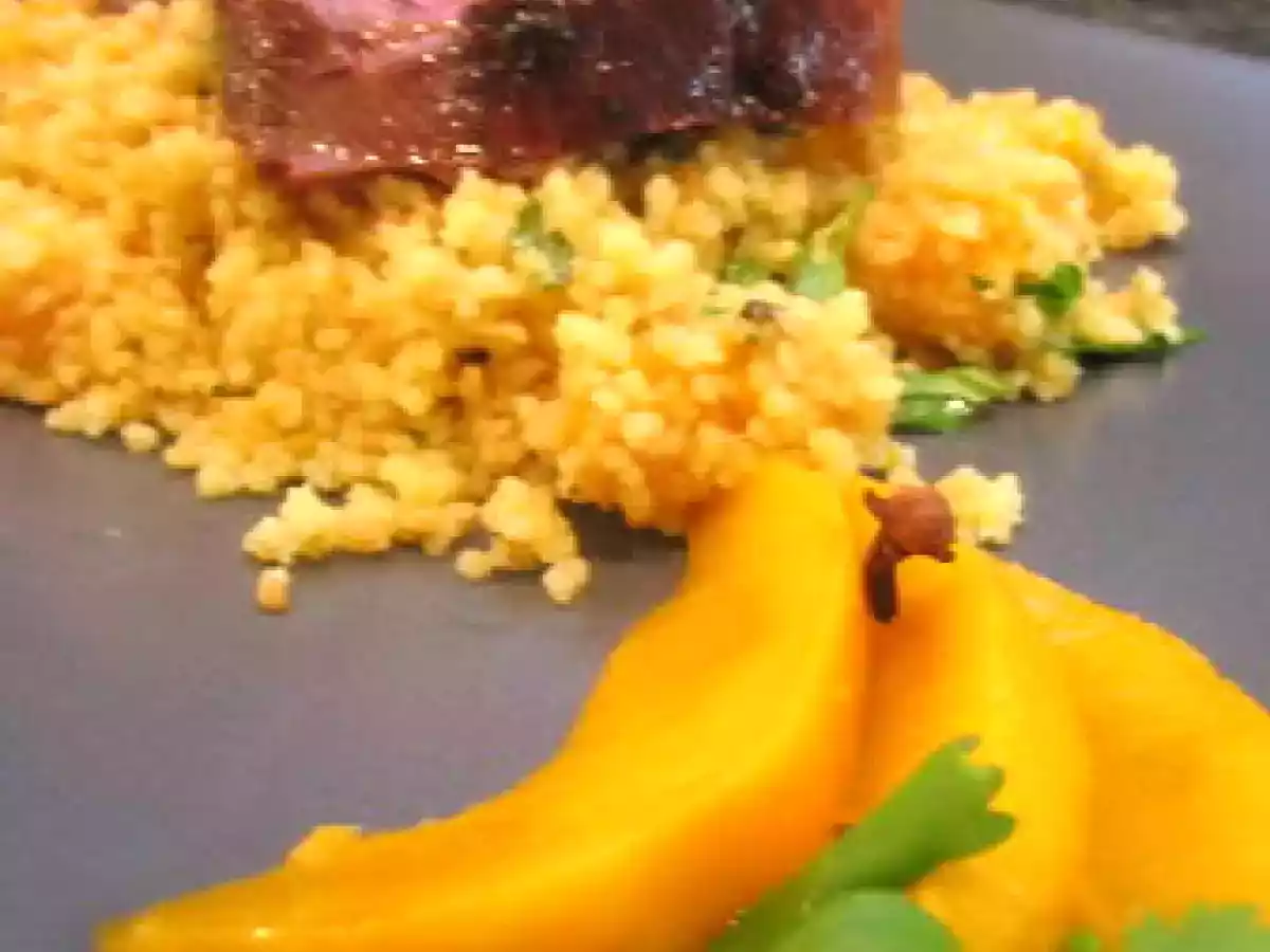Canard au miel, couscous mangue et coriandre