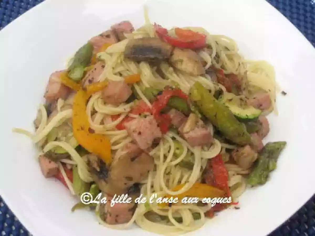 CAPELLI D'ANGELO AUX CHAMPIGNONS, AUX ASPERGES ET AU JAMBON