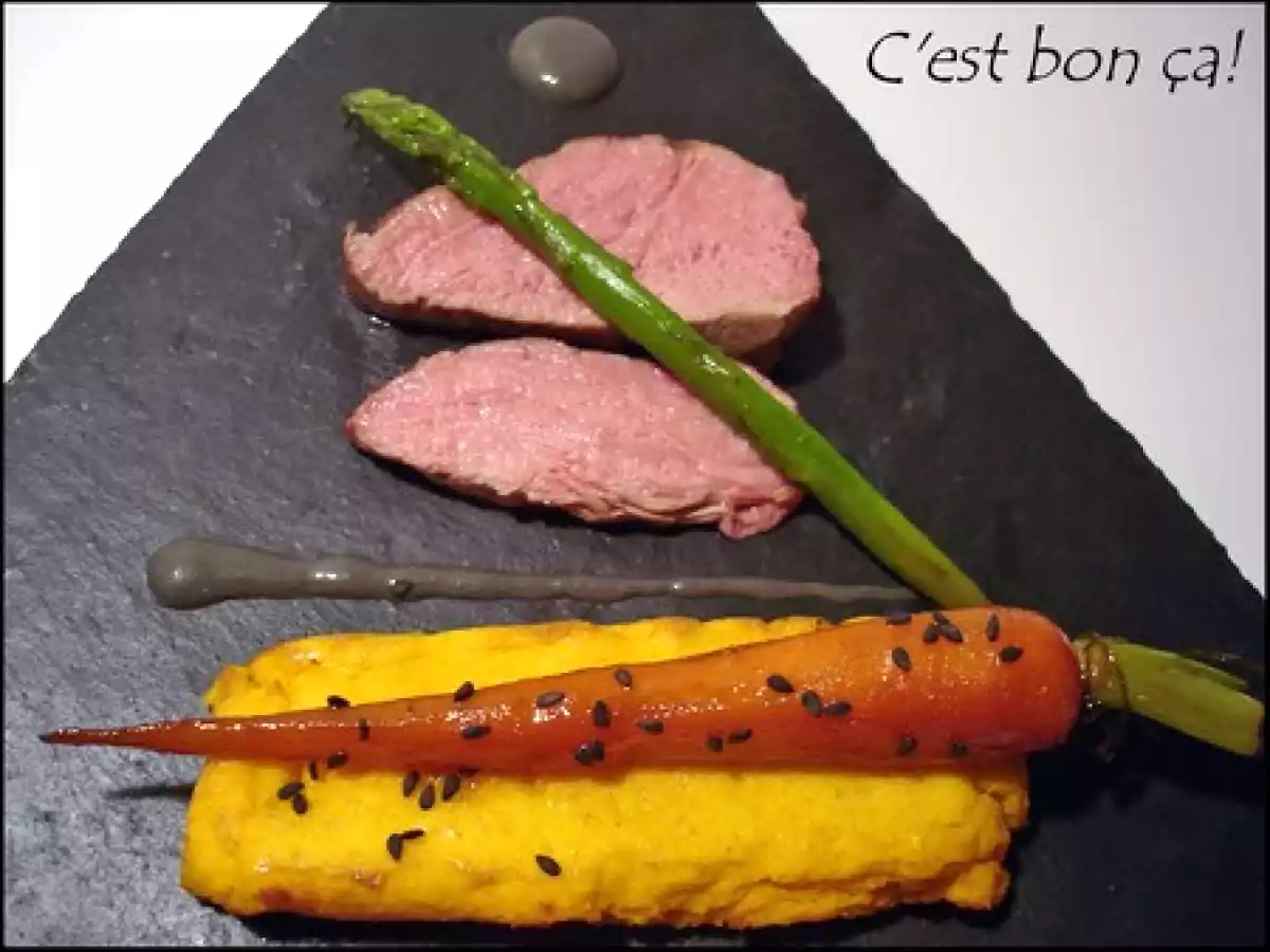 Carottes nouvelles, filet de veau du Limousin basse température, et jus au sésame noir - photo 2