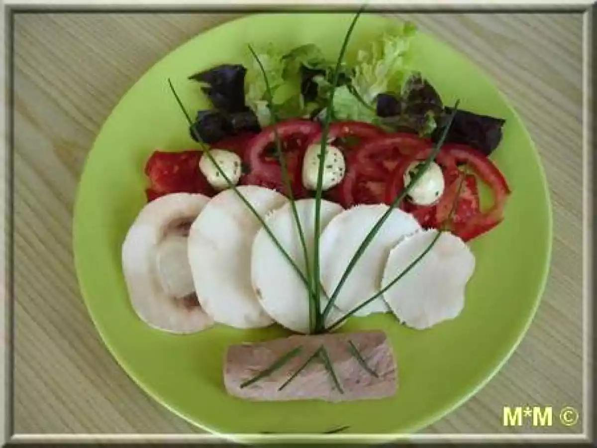 Carpaccio de tomates et de champignons, billes de mozzarella, filet de thon