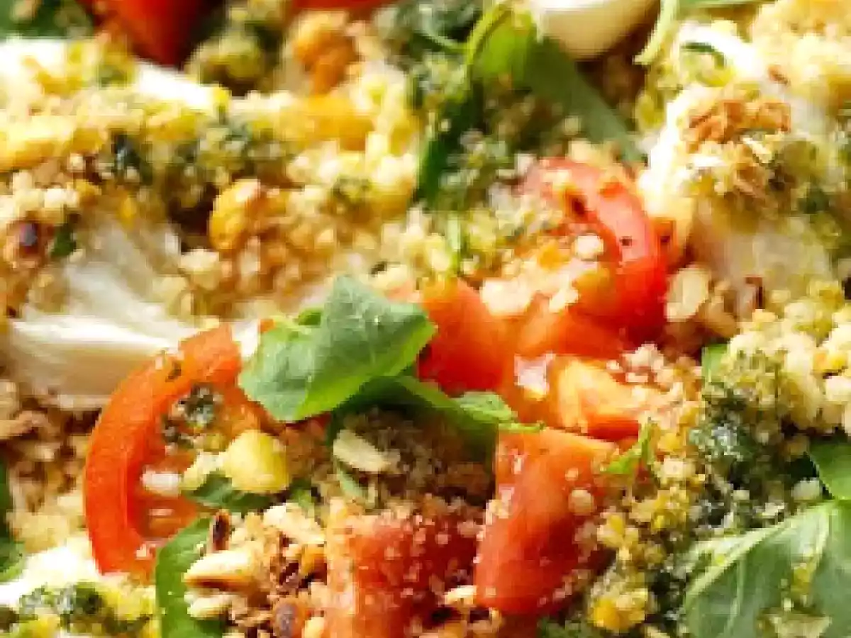Céréales en salade de pesto vert et mozzarella au menu