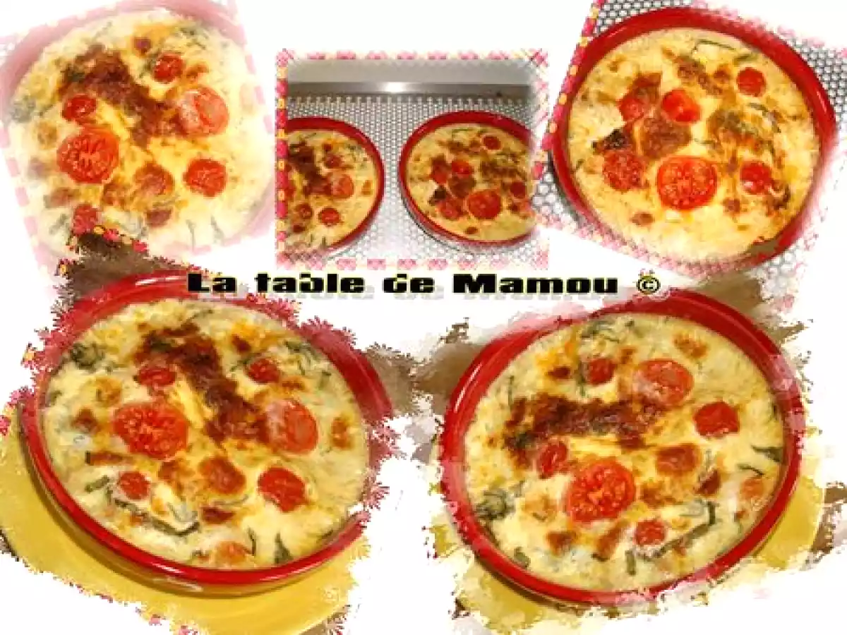 Clafoutis au poulet fumé, tomates cerise et mozzarella