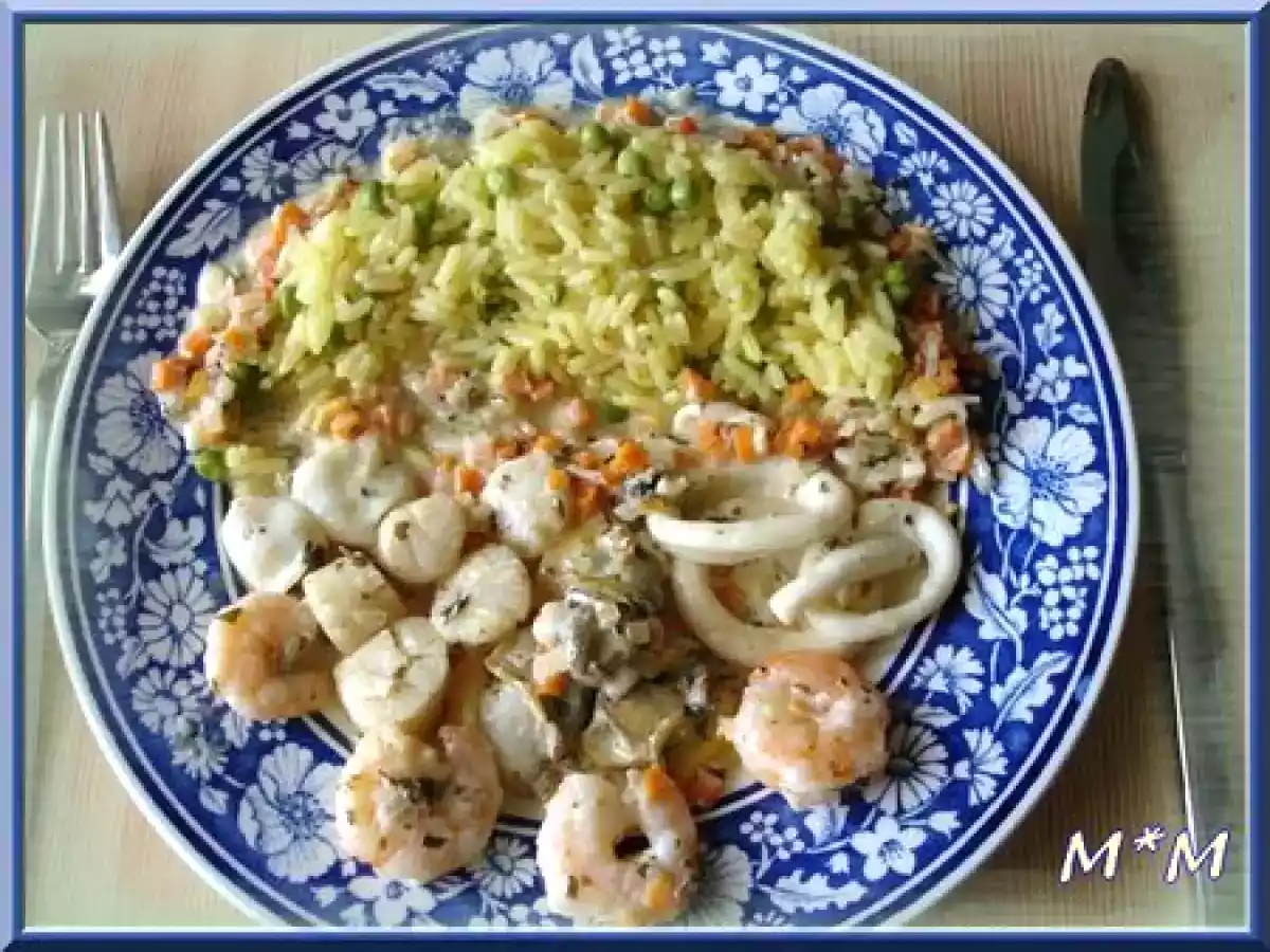 Cocktail de fruits de mer, riz au petits pois et pistils de safran