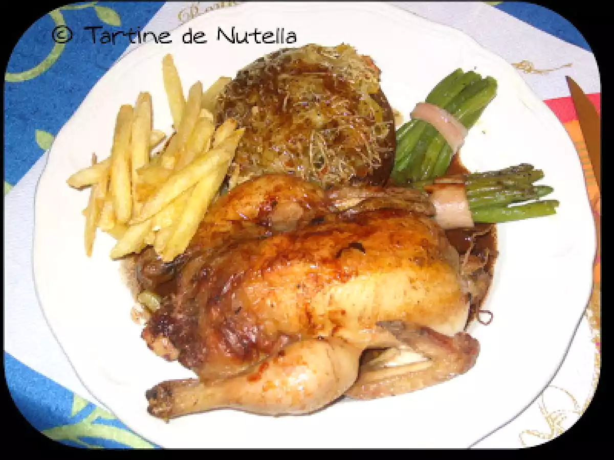 Coquelet grillé aux graines de cumin et champignon farci aux légumes