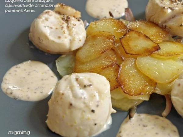 Coquilles saint Jacques crémée à la moutarde à l'ancienne et pommes de terre Anna