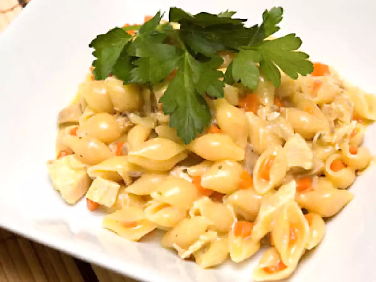 Coquillettes au poulet et aux carottes façon risotto