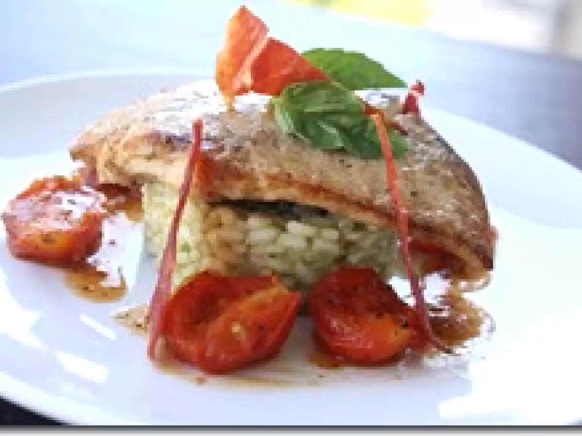 Corb Noir au Beurre Noisette, Risotto au Basilic et Poêlée de Tomate Cerise