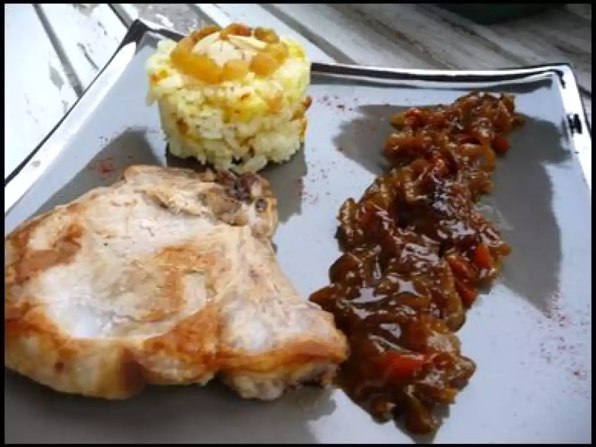 Côte de porc chutney ananas mangue, et riz à l'indienne