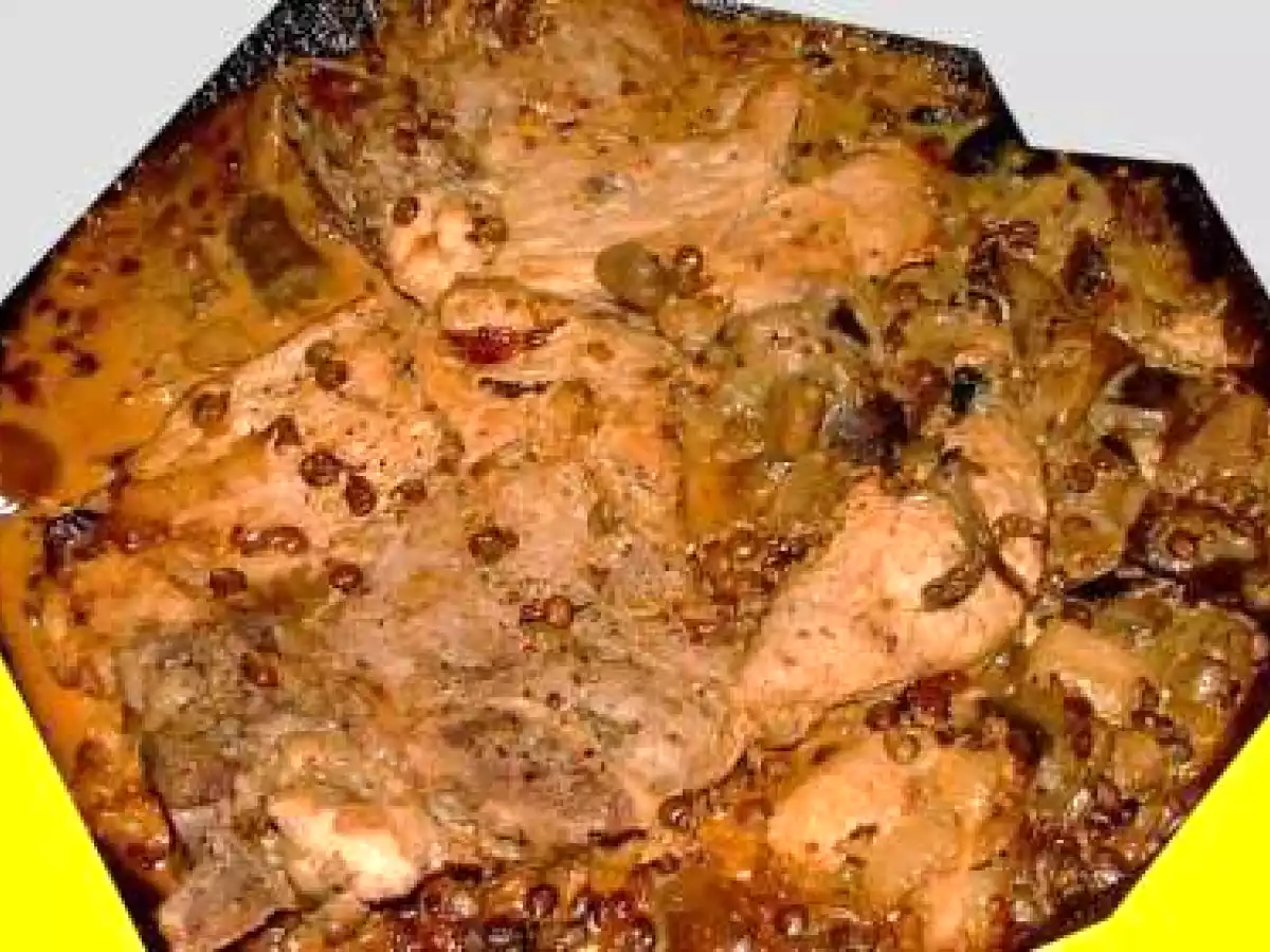 Côtes de porc aux champignons et lentilles, crème moutarde