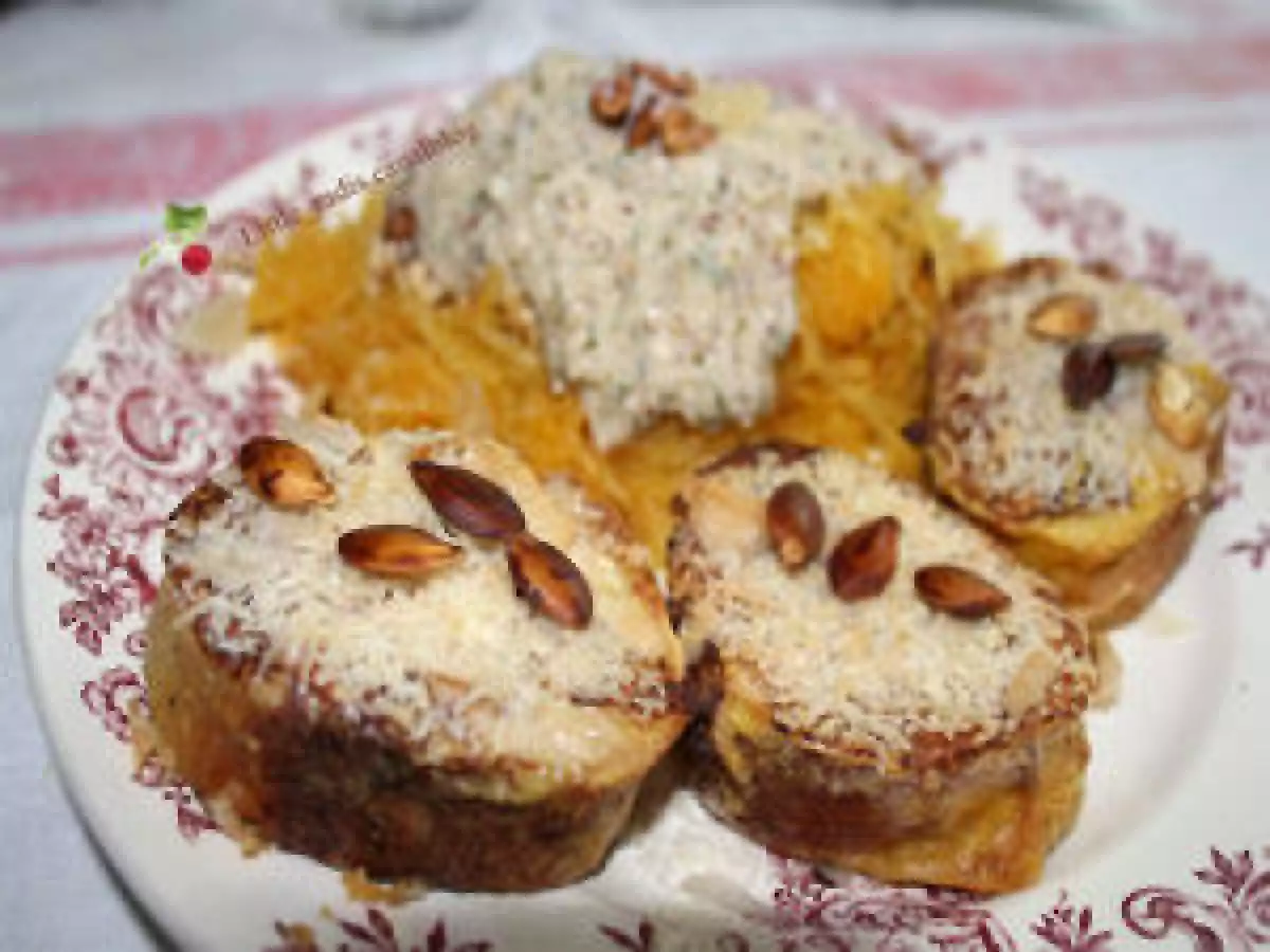 Courge spaghetti aux noix et pain perdu au parmesan