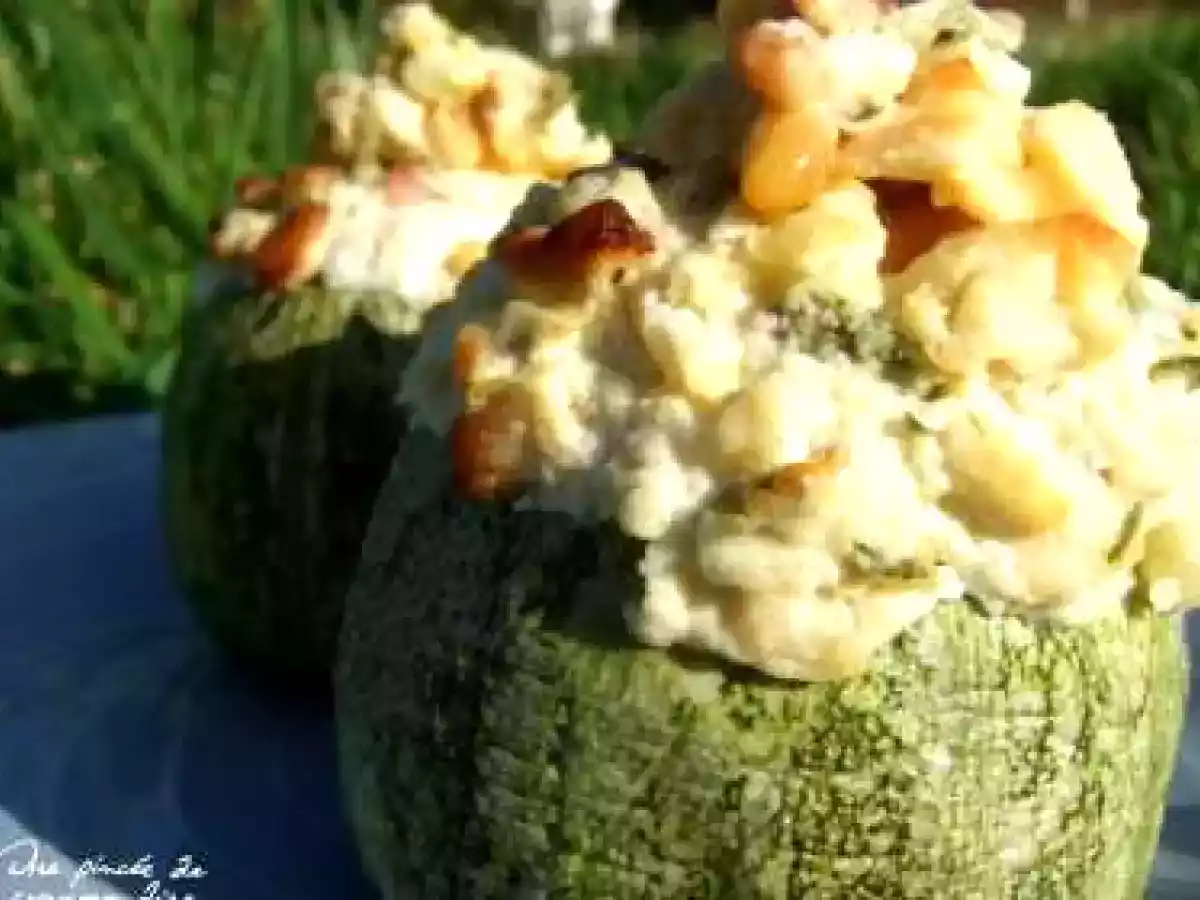 Courgettes rondes farcies à la brousse, lardons et pignons