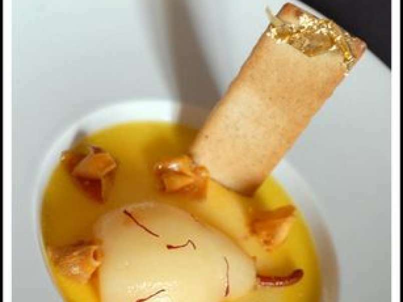 Crème au safran, poire pochée aux épices et tuile aux noix, photo 1