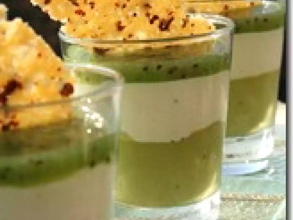 Crème d'Avocat, Mousse au Chocolat Blanc, Coulis de Kiwi et Tuiles aux Epices