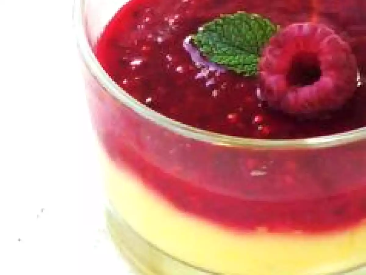 Crème légère Mangue et coulis framboises/Menthe