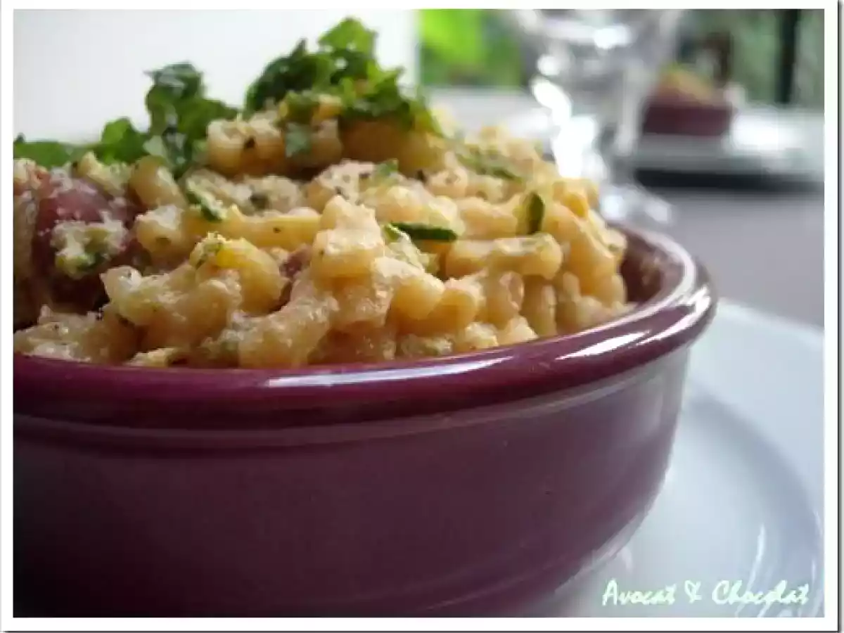 Crèmeux de Coquillettes, chorizo, courgette et ricotta