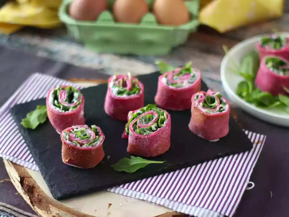 Crêpes roulées à la betterave, ricotta et roquette