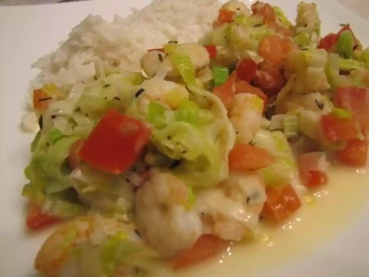 Crevettes à l'émincé de poireaux