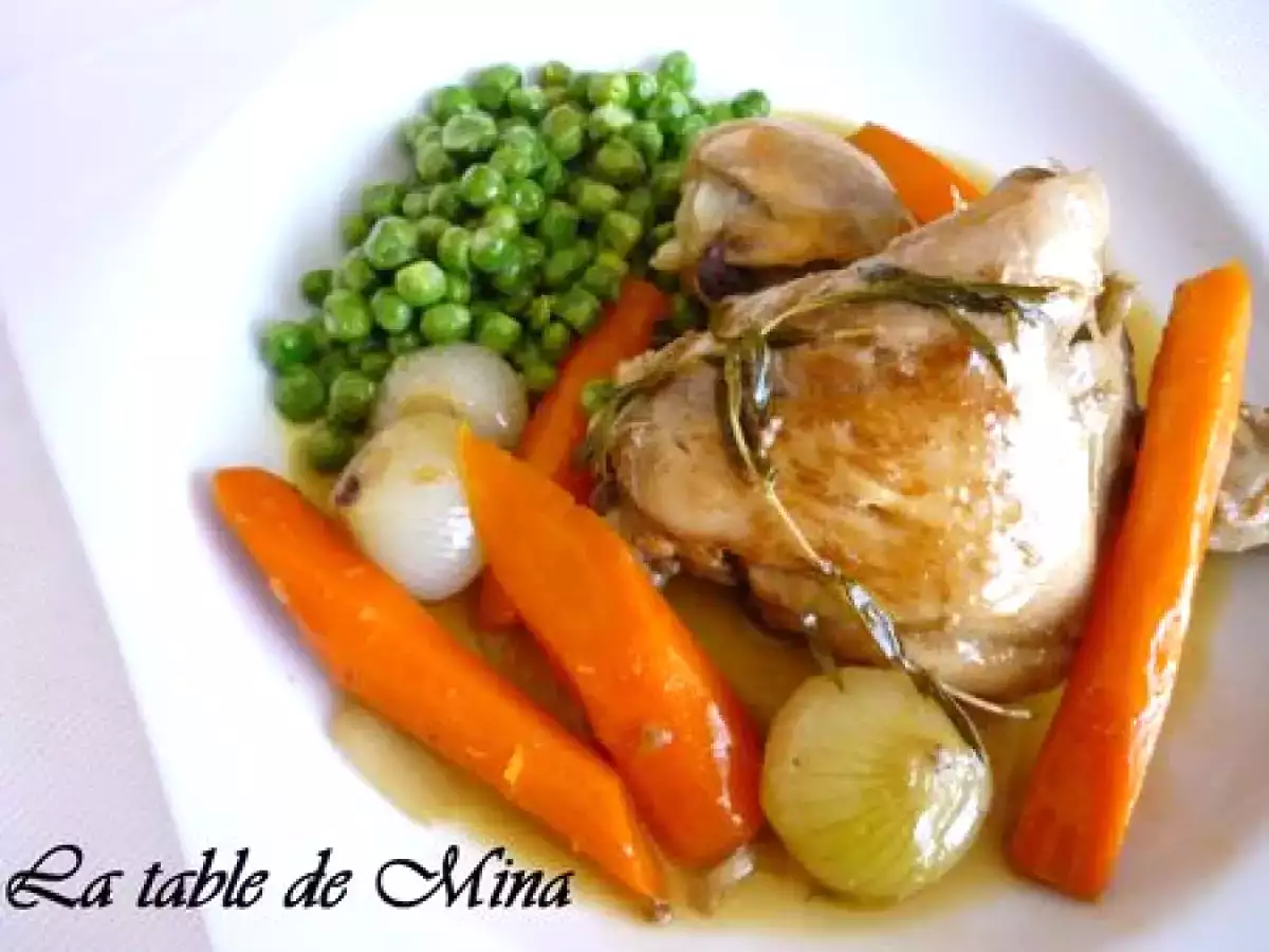 Cuisses de poulet au vin jaune et origan, carottes et petits pois à la crème - photo 2