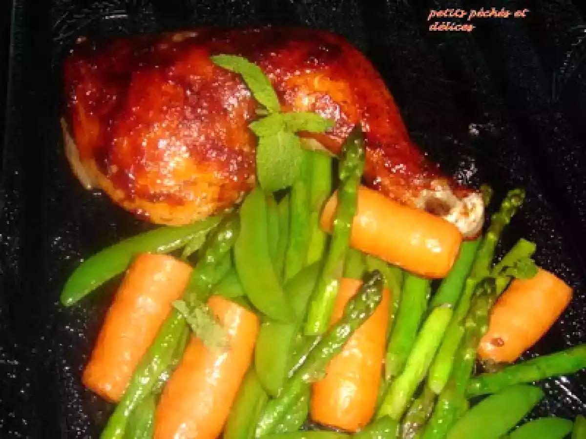 Cuisses de poulet barbecue au four et légumes sautés