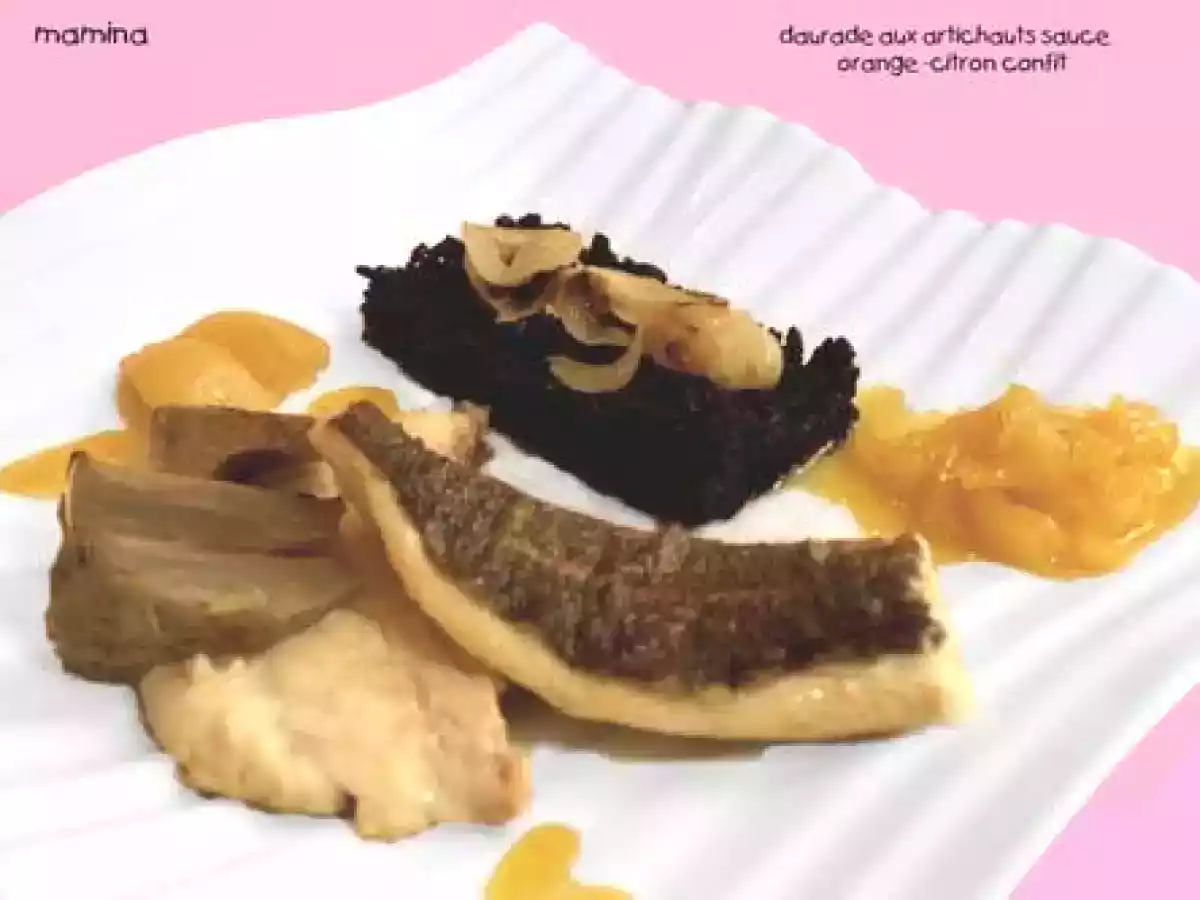 Daurade, artichaut riz venere et leur sauce orange-citrons confits