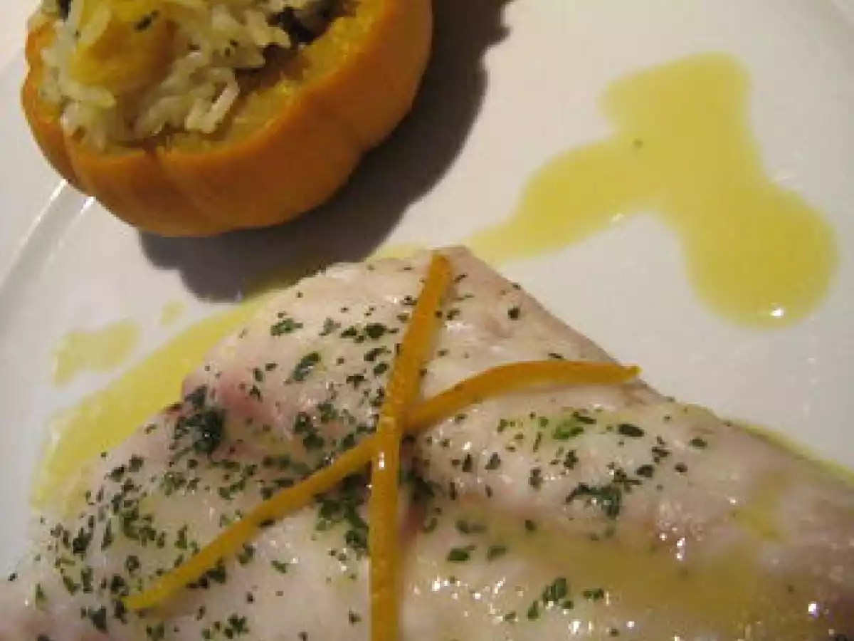 Daurade royale, risotto courge et champignons, sauce orange et gingembre