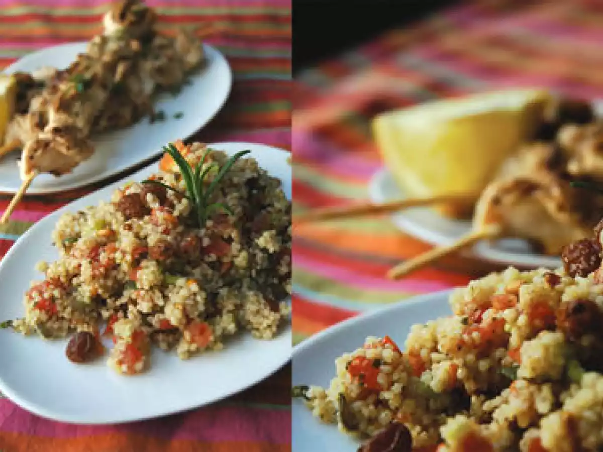 Déjeuner light et facile.... brochettes de poulet mariné et taboulé