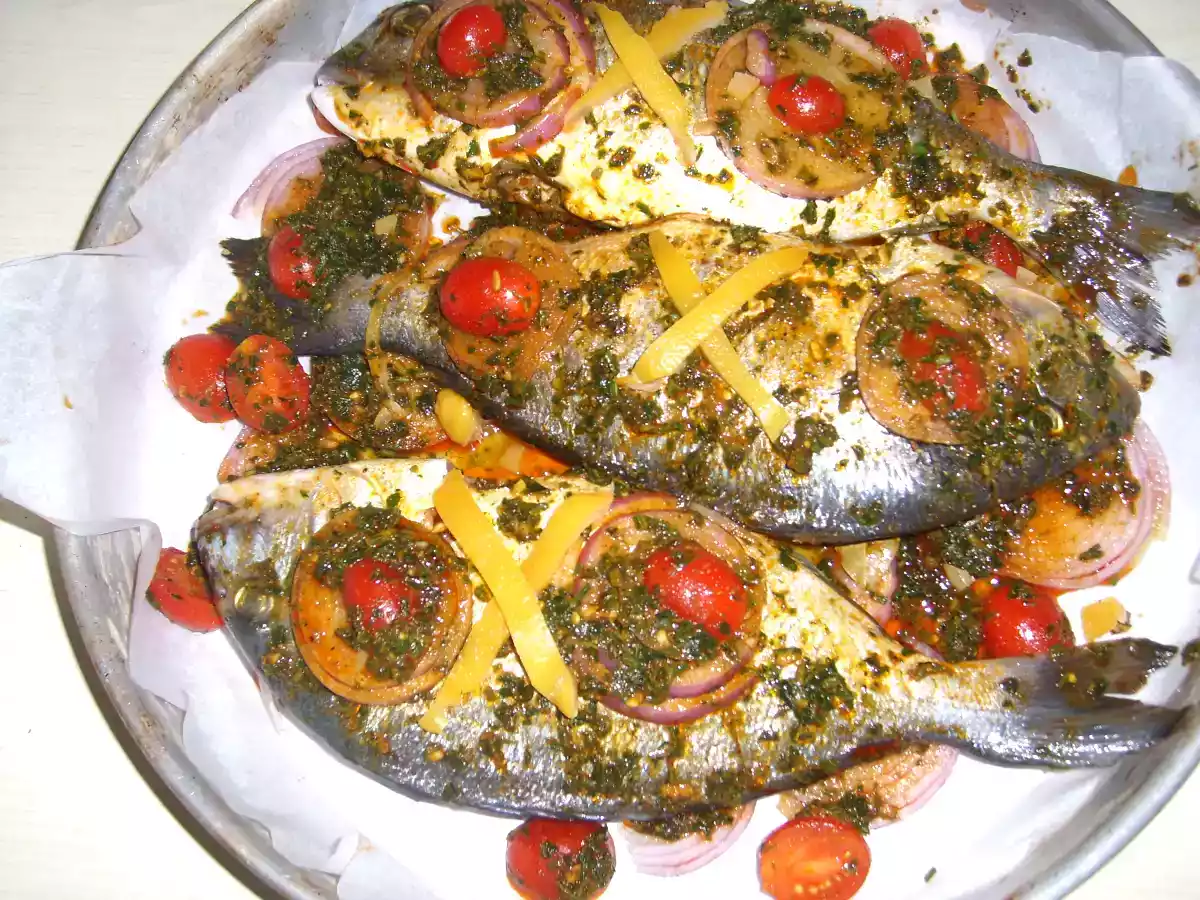 Dorade aux oignons, olives et huile d'argan