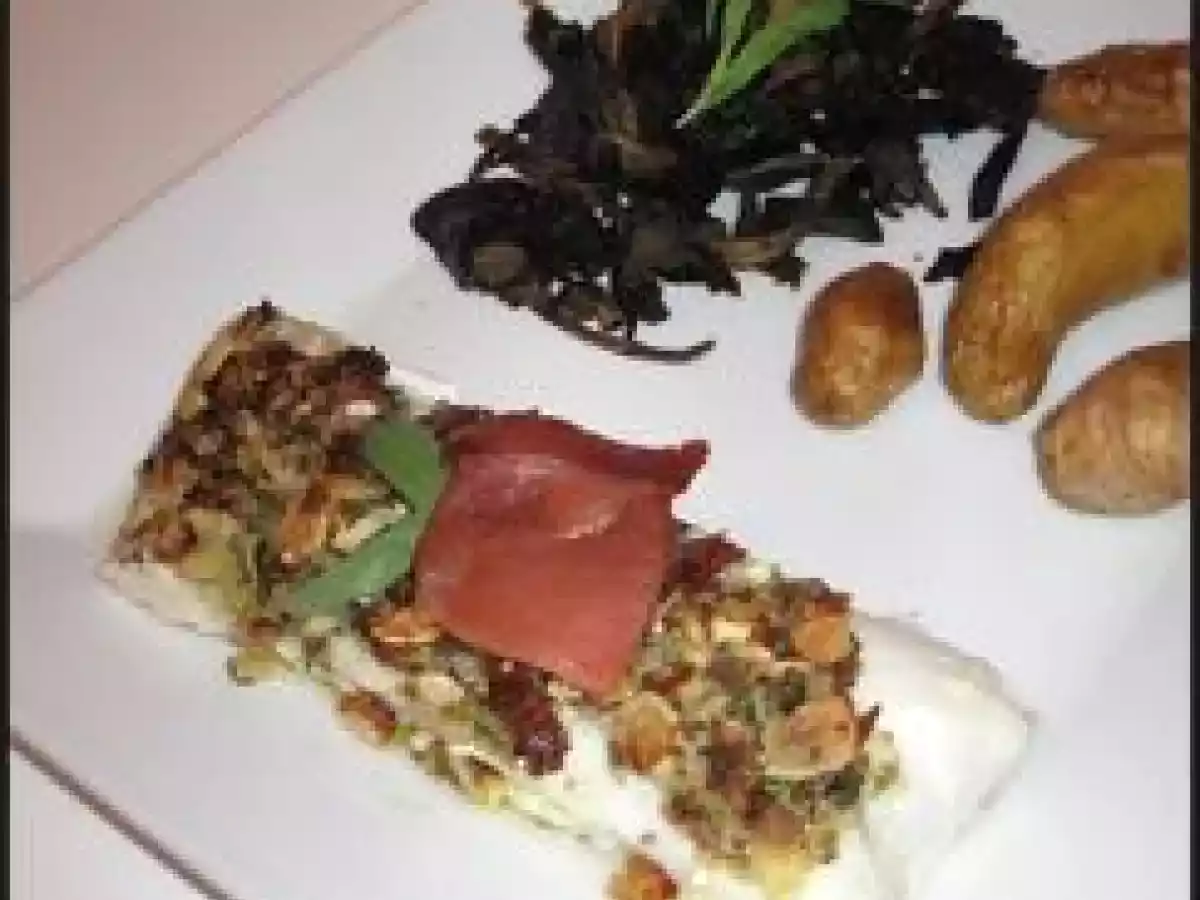 Dos de cabillaud, crumble de noix, cèpes poêlés et pommes de terre grenaille de Choupette