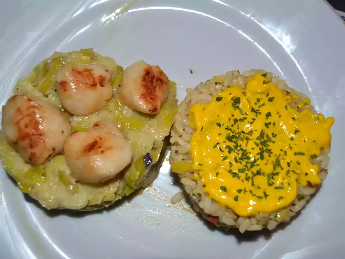 Duo de Fondu de Poireaux aux St-Jacques et riz et sa sauce safrané