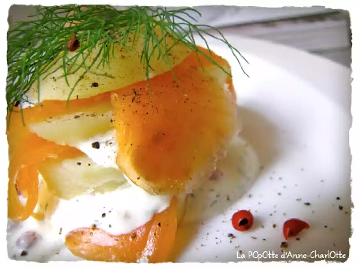 DuO de POmme de Terre et Truite Fumée, Crémeux d'Aneth aux Baies ROses