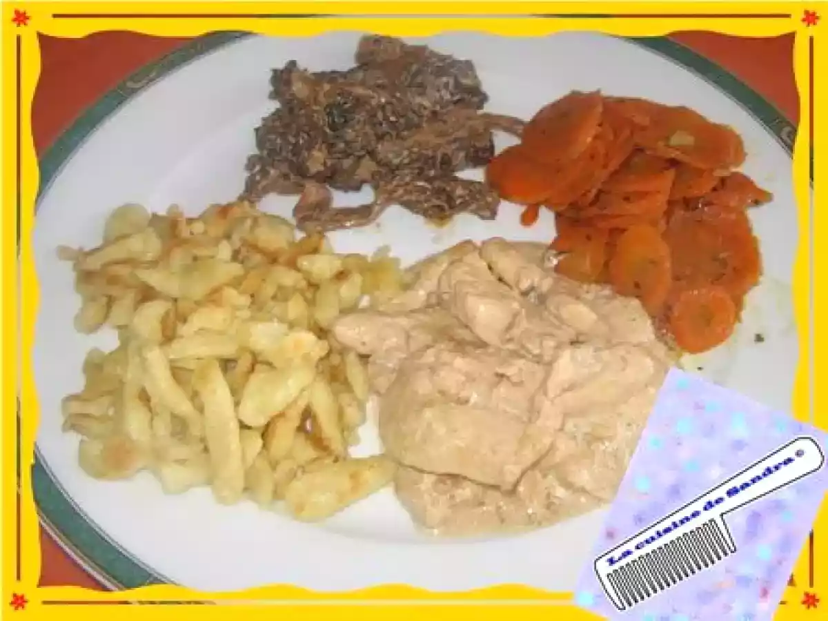 Emincer de blanc de poulet, sauce aux morilles, spaetzlés