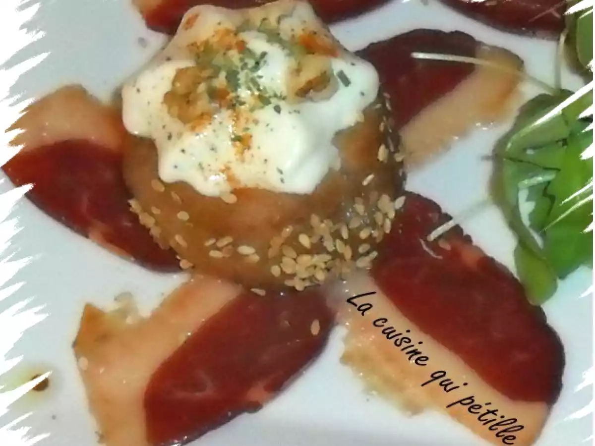 entrée poire espuma de roquefort et magret de canard