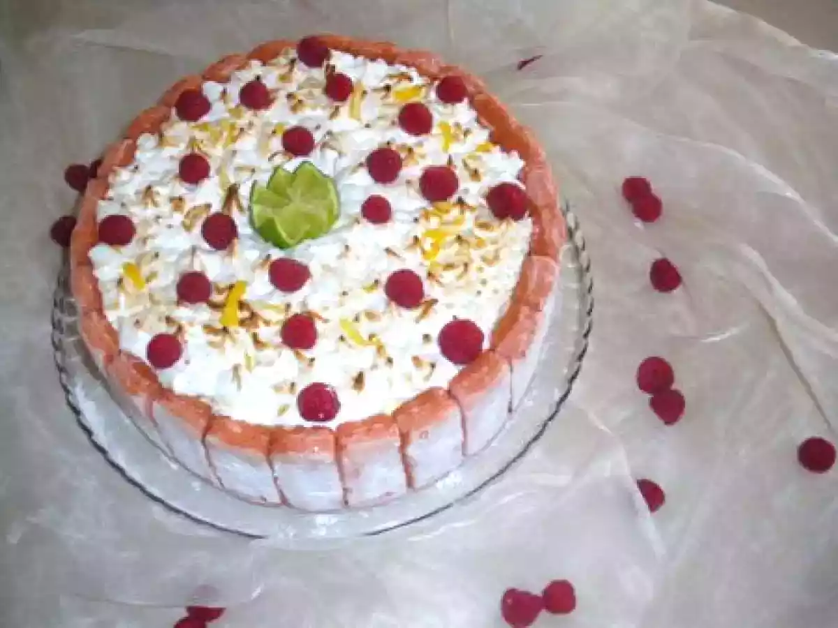 Entremet façon charlotte meringuée duo de mousses . nuage de framboise .