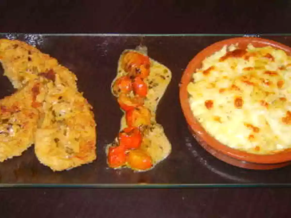 Escalope à la milanaise sauce aux tomate cerise et gratin de pât