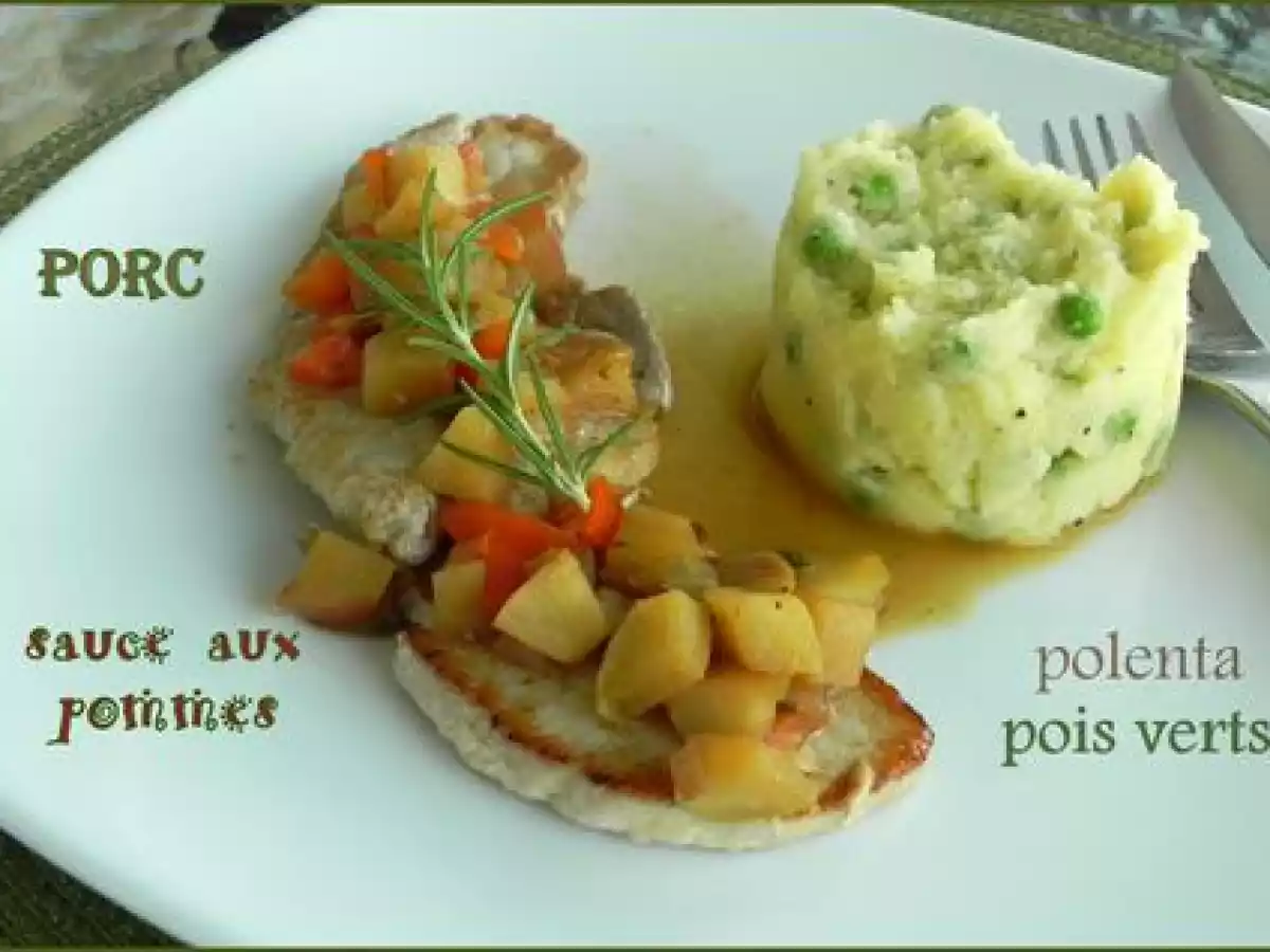 Escalopes de porc, sauce aux pommes, et polenta aux pois verts, sans gluten