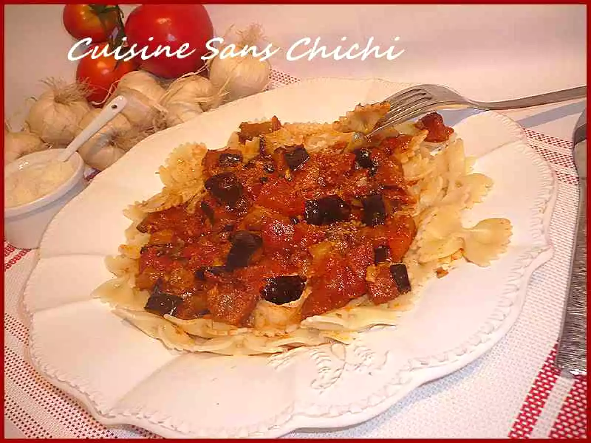 Farfalle au chorizo et aubergine.